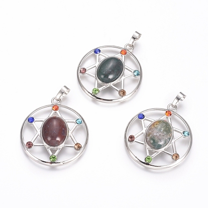 Chakras Style, Gemstone Pendants, with Platinum Tone Brass Findings and Rhinestone, Flat Round with Star