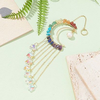 Décoration pendentif étoile en verre et perle naturelle, attrape-soleil suspendus, avec des copeaux de laiton et de pierres précieuses et des chaînes forçat