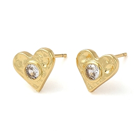 Rack Plating Brass Heart Stud Earrings, with Cubic Zirconia, Lead Free & Cadmium Free