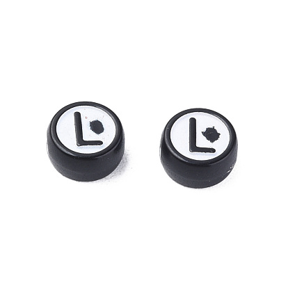Opaque Black Acrylic Beads,  Flat Round with Random Letter