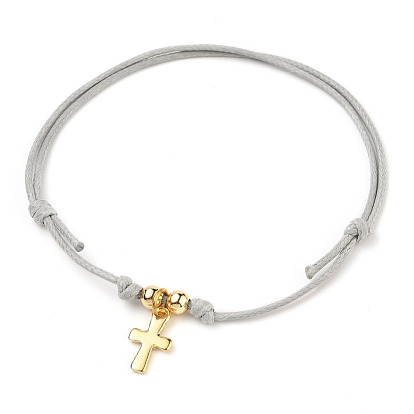 Adjustable Waxed Polyester Braided Cord Charm Bracelets, with Brass Beads and 304 Stainless Steel Charms, Cross, Golden