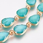 Opaque Glass Beads Strands, Faceted, with Golden Tone Brass Edge, Teardrop & Round