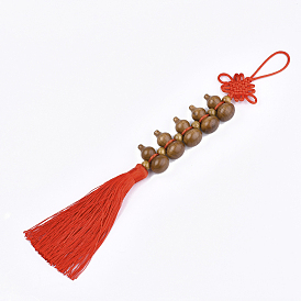 Peach Wood Pendant Decorations, Car Hanging Ornament, with Polyester Tassel, Calabash and Chinese knot