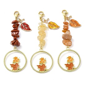 3Pcs Alloy Leaf Enamel Pendants Decorations, with Zinc Alloy Lobster Claw Clasps and Natural Red Jasper & Red Aventurine & Citrine