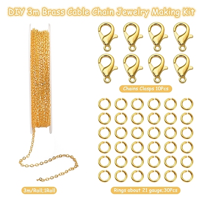 Diy 3m kit de fabrication de bijoux en chaîne de câbles en laiton, avec 30pcs anneaux ouverts en laiton avec 10pcs fermoirs à griffes de homard en alliage de zinc