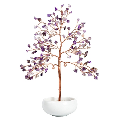 Undyed Natural Gemstone Chips Tree of Life Display Decorations, with Porcelain Bowls, Copper Wire Wrapped Feng Shui Ornament for Fortune