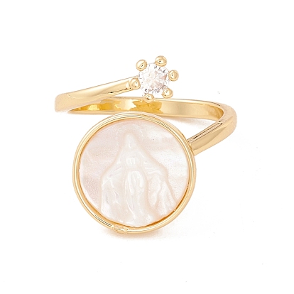 Плоское круглое открытое кольцо-манжета в виде ракушки с прозрачным кубическим цирконием, украшения из латуни для женщин, без кадмия и без свинца, долговечный