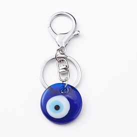 Handmade Lampwork Evil Eye Keychain, with Alloy Split Key Rings, Flat Round, Blue