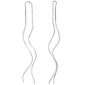 925 Sterling Silver Linear Wave Charms Ear Thread, Long Drop Stud Earrings for Women