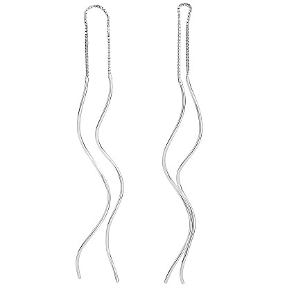 925 Sterling Silver Linear Wave Charms Ear Thread, Long Drop Stud Earrings for Women