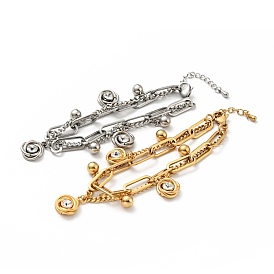 Bracelet multirangs noeud et boule ronde strass cristal, 304 bracelet à chaînes double couche en acier inoxydable pour femme