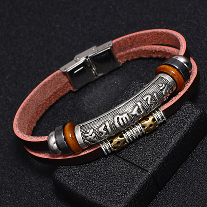 Кожаный шнур многожильных браслеты, с синтетическим гематитом, выводы из сплава и застежки из нержавеющей стали, Ом Мани Падме Хум