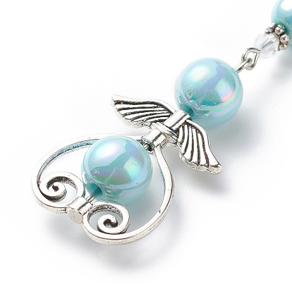 Angel Clip-on Charms, AB Color Acrylic Imitation Pearl Round Beaded Pendant Decorations, with Alloy Lobster Claw Clasps and Tibetan Style Heart & Wing Pendants