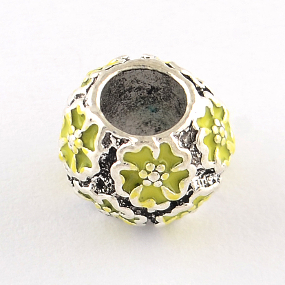 Antique Silver Plated Hollow Flower Pattern Rondelle Tibetan Style Alloy Enamel European Beads, Large Hole Beads, 10x8~9mm, Hole: 5mm