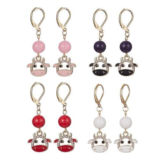 4 paire 4 boucles d'oreilles pendantes en perles de jade mashan teintées de couleur naturelle, boucles d'oreilles pendantes en alliage doré et émail pour bovins