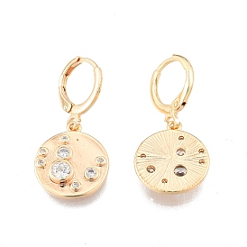 Boucles d'oreilles pendantes plates rondes avec zircone cubique transparente, bijoux en laiton pour femmes, sans cadmium et sans nickel et sans plomb