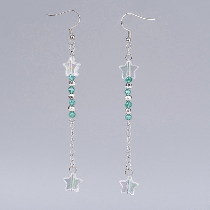 Glass Beaded Dangle Earrings, with Brass Earring Hooks and 316 Surgical Stainless Steel Curb Chains and Acrylic Beads, Star
