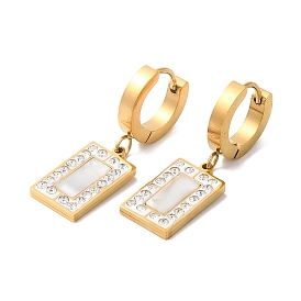 Synthetic White Shell Rectangle Dangle Earrings with Rhinestone, Ion Plating(IP) 304 Stainless Steel Jewelry for Women