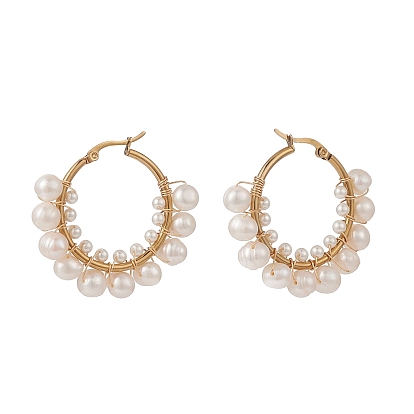 Aretes de aro con perlas naturales, 304 joyería de alambre de acero inoxidable para mujer
