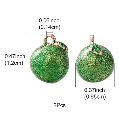 2Pcs Brass Enamel Charms, Imitation Fruit, Light Gold, Green Tangerine Charm