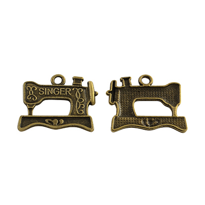 Tibetan Style Alloy Sewing Machine Pendants, with Word Singer, Cadmium Free & Lead Free, 17x20x1.5mm, Hole: 2mm, about 1110pcs/1000g