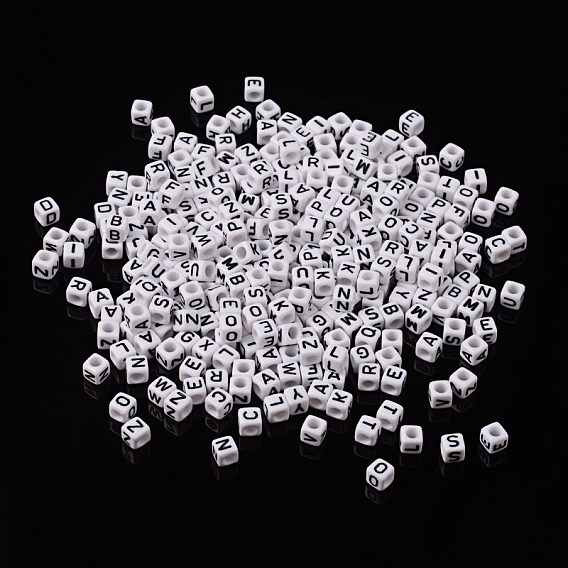 Perles de lettre de trou horizontal acrylique, cube, 6x6x6mm, Trou: 3.2mm
