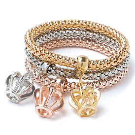 Triple Alloy Popcorn Chain Set with Elasticity, Diamond Crown Pendant and Bracelet for Women