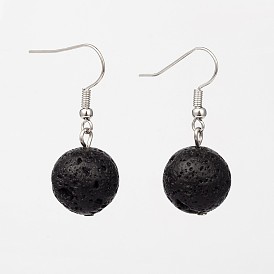 Natural Lava Rock Gemstone Round Dangle Earrings, with Platinum Plated Brass Hooks, 35mm, Pin: 0.7mm