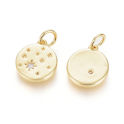 Brass Micro Pave Cubic Zirconia Pendants, with Jump Ring Long-Lasting Plated, Flat Round with Star, Real 18K Gold Plated