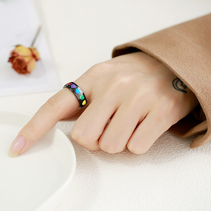Rainbow Color Pride Flag Enamel Heart Finger Ring, Stainless Steel Jewelry for Women