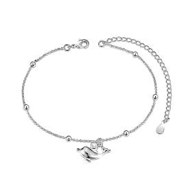 Bracelets de cheville à breloques en laiton Shegrace, avec aaa grade zircone cubique, chaînes de câbles et perles rondes, dauphin
