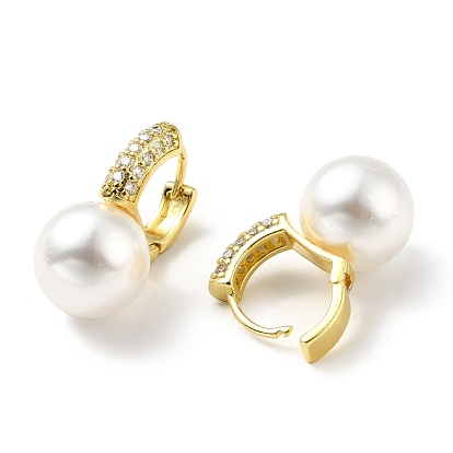 Plastic Pearl Dangle Hoop Earrings with Clear Cubic Zirconia, Brass Hinged Earrings for Women, Lead Free & Cadmium Free & Nickel Free