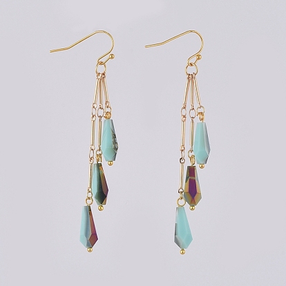 Electroplate Opaque Solid Color Teardrop Glass Beads Dangle Earrings, with Brass Bar Links Chains and Earring Hooks