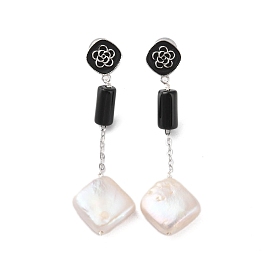 925 Sterling Silver Studs Earring, with Enamel, Natural Black Onyx and Pearl, Rhombus