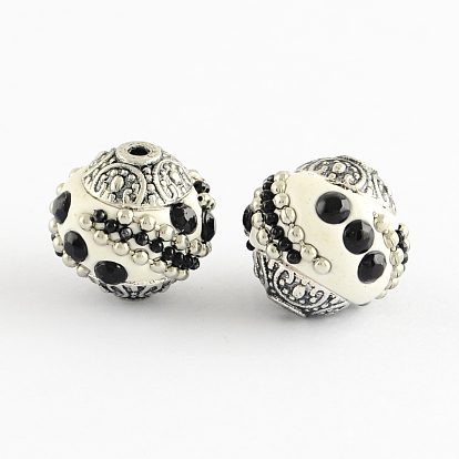 Perles Indonésiennes manuelles, avec des strass et des noyaux en alliage, ronde, argent antique