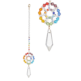 Glass Bullet Pendant Decorations, with Imitation Austrian Crystal Beads, 304 Stainless Steel Split Rings, Flower