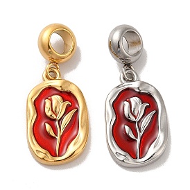 304 Stainless Steel FireBrick Enamel European Dangle Charms, Large Hole Pendants, Oval with Tulip Pattern