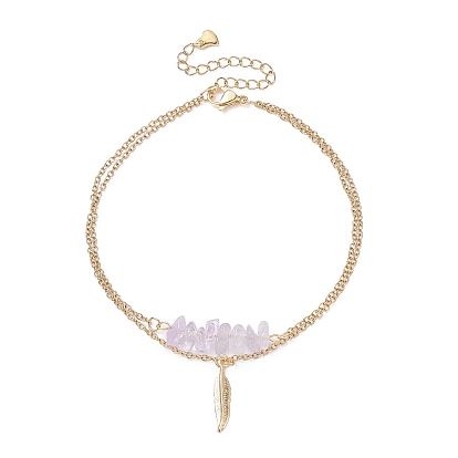 Puces d'améthyste naturelle breloques perles et plumes bracelet multi-rangs double couche, bijoux en acier inoxydable pour femmes