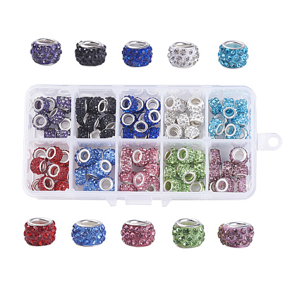 Polymer Clay Rhinestone European Beads, Large Hole Beads, with Silver Color Plated Brass Cores, Rondelle