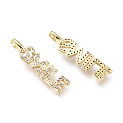 Brass Micro Pave Clear Cubic Zirconia Pendants, Long-Lasting Plated, Word Smile