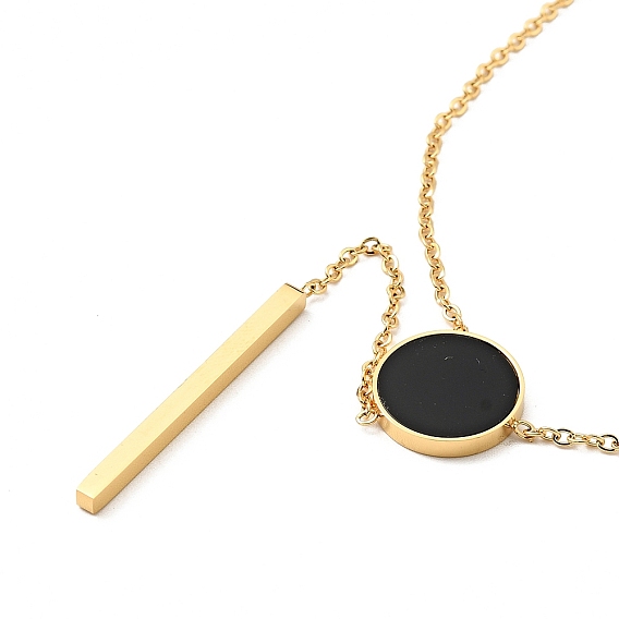 Колье-лариат с плоской круглой подвеской из черной синтетической оболочки, ионное покрытие (ip) 304 ожерелье из нержавеющей стали для женщин