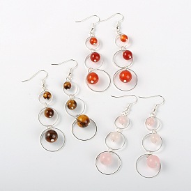 Pierres précieuses perles naturelle pendants d'oreilles pendantes, avec les accessoires de bague en laiton et crochets d'oreilles en laiton, 73 mm, broches: 0.7 mm