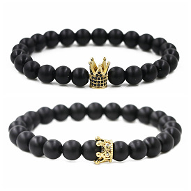 Bracelet de couple couronne en pierre noire, avec micro incrusté de zircon et de perles de cuivre, design à faire soi-même