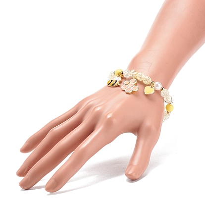 Bracelet extensible imitation perle acrylique, bracelet à breloques coeur d'abeille en alliage émaillé pour femme