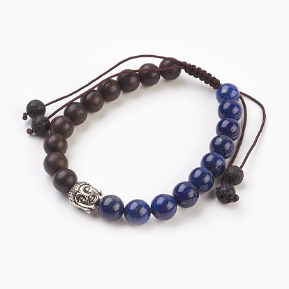 Bracelets tressés en pierres naturelles, bracelet en nylon avec nœud carré, avec des perles en bois de santal naturel et des perles en alliage de style tibétain, tête de bouddha