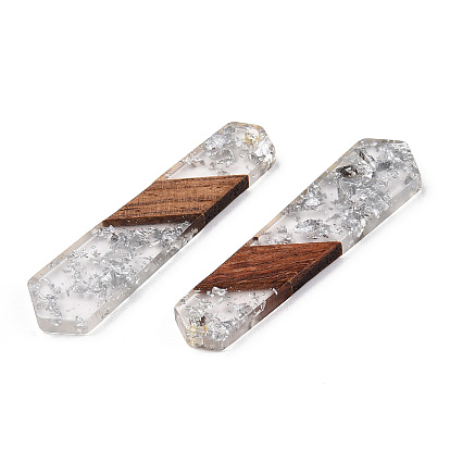 Transparent Resin & Walnut Wood Pendants, with Silver Foil, Polygon