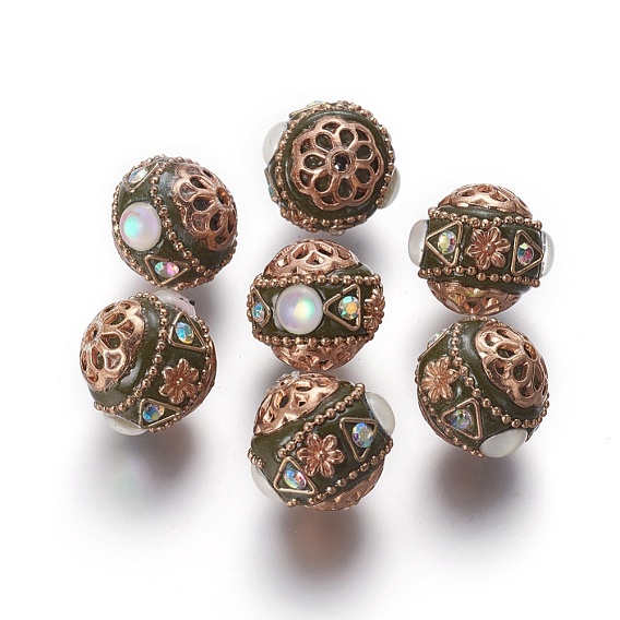 Perles Indonésiennes manuelles, avec strass et les accessoires en laiton, ronde