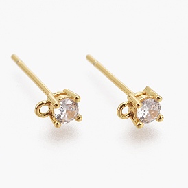 Brass Micro Pave Clear Cubic Zirconia Stud Earring Findings, with Silicone Ear Nuts, with Loop, Long-Lasting Plated, Flat Round