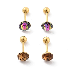 2 Pairs 2 Colors Real 14K Gold Plated 304 Stainless Steel Rhinestone Stud Earrings, Flat Round