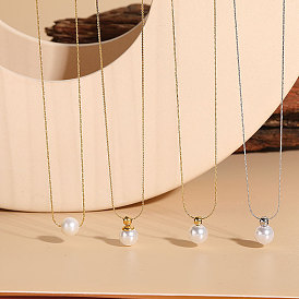 Luxury Minimalist Titanium Steel Chain Freshwater ABS Pearl Pendant Necklace